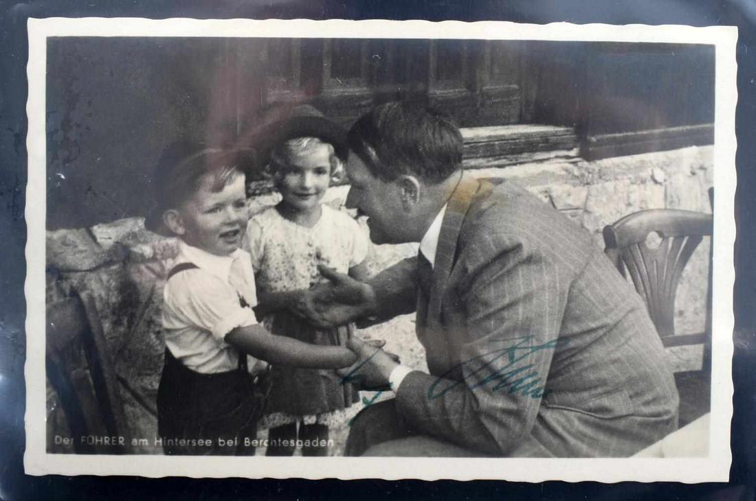 WWII GERMAN ADOLF HITLER SIGNED POST CARD: WWII German Adolf Hitler Signed Post Card. The post card measures 5.5 by 3.5 inches. The Postcard came from the collection of a Hitlerjugend member. The signature was obtained from a Knights Cross cer