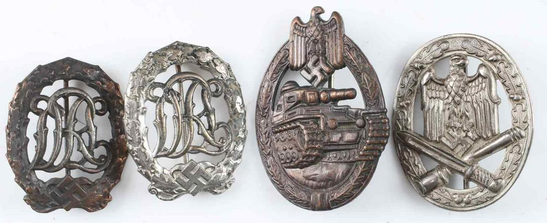 WWII GERMAN THIRD REICH WEHRMACHT BADGES LOT OF 4: Lot of 4 Wehrmacht German Army badges. 2 German Sports for Wounded and Disabled veterans badges, "DLR" monogram in center. Stamped "DRGM 35269 WERNSTEIN JENA" on reverse. 1 Panzer Assault Badge, unmar