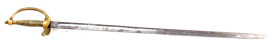 CSA CONFEDERATE NCO SWORD 31 INCHES: One forged iron CSA Confederate Non-commissioned officer's sword measuring 31 inches in length. Brass grip and guard measures 6.5 inches by 3 inches. Entire piece has some tarnishing, but no chipping 