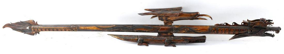 ANTIQUE CHINESE BONE INTRICATELY CARVED FIRE STICK: Multi piece bone fire stick, damage to bird mostly confined to feet, 37 inches long.