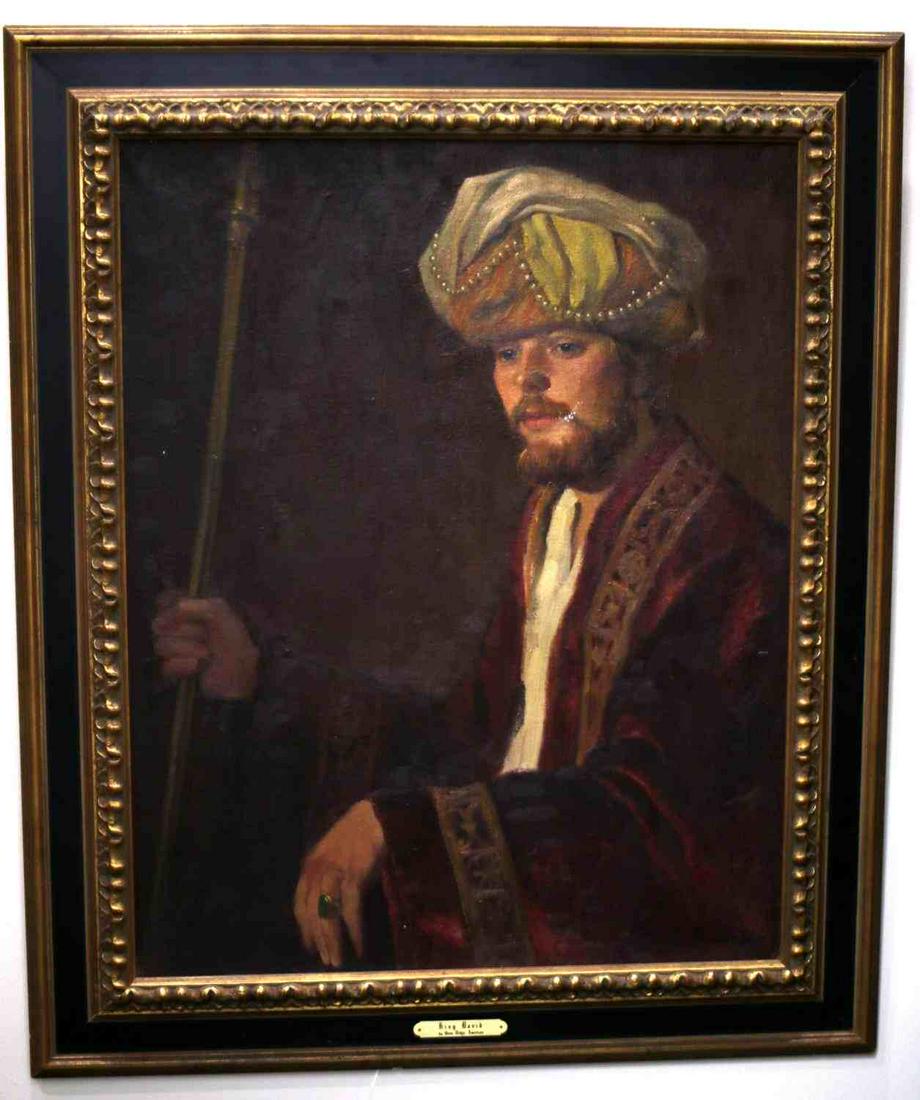FRAMED PORTRAIT OF KING DAVID SIGNED CLEVE MILLER: Portrait of a seated King David. Signed bottom right "Cleve Miller" Some abrasion to the face. Measures 23.5 inches by 29.75 inches sight and 31.5 and 37.5 inches framed.