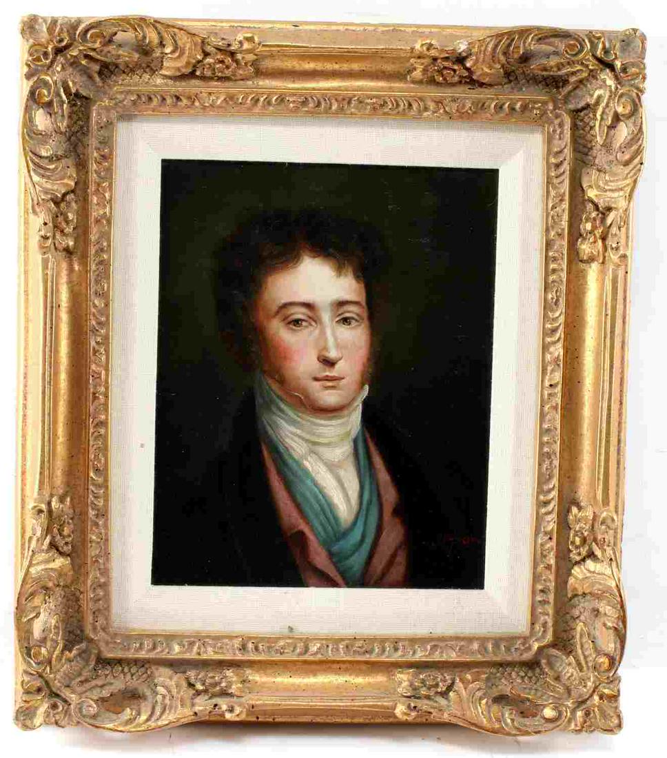 FRAMED & SIGNED OIL ON CANVAS PORTRAIT PAINTING: Portrait of a Regency era man. Signed bottom right. "N. Poll" Measures 7.5 inches by 9.5 inches sight and 13.75 inches by 15.5 inches. In very good condition.
