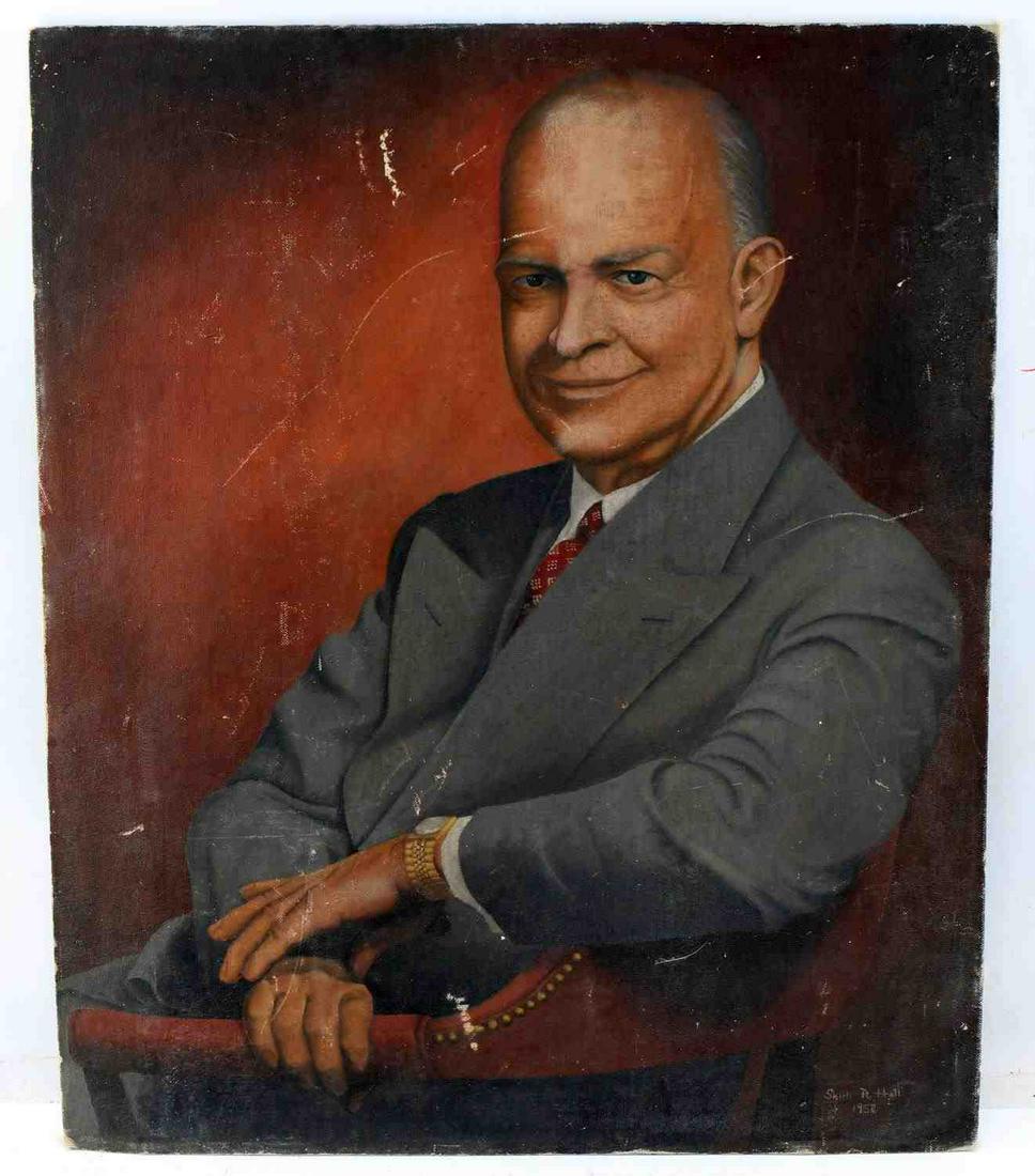OIL ON BOARD SEATED PORTRAIT OF EISENHOWER: Seated portrait of President Eisenhower. Signed and dated bottom right corner "Shirli R. Hall 1952" Measures 19 inches by 24 inches. Some scratches throughout.