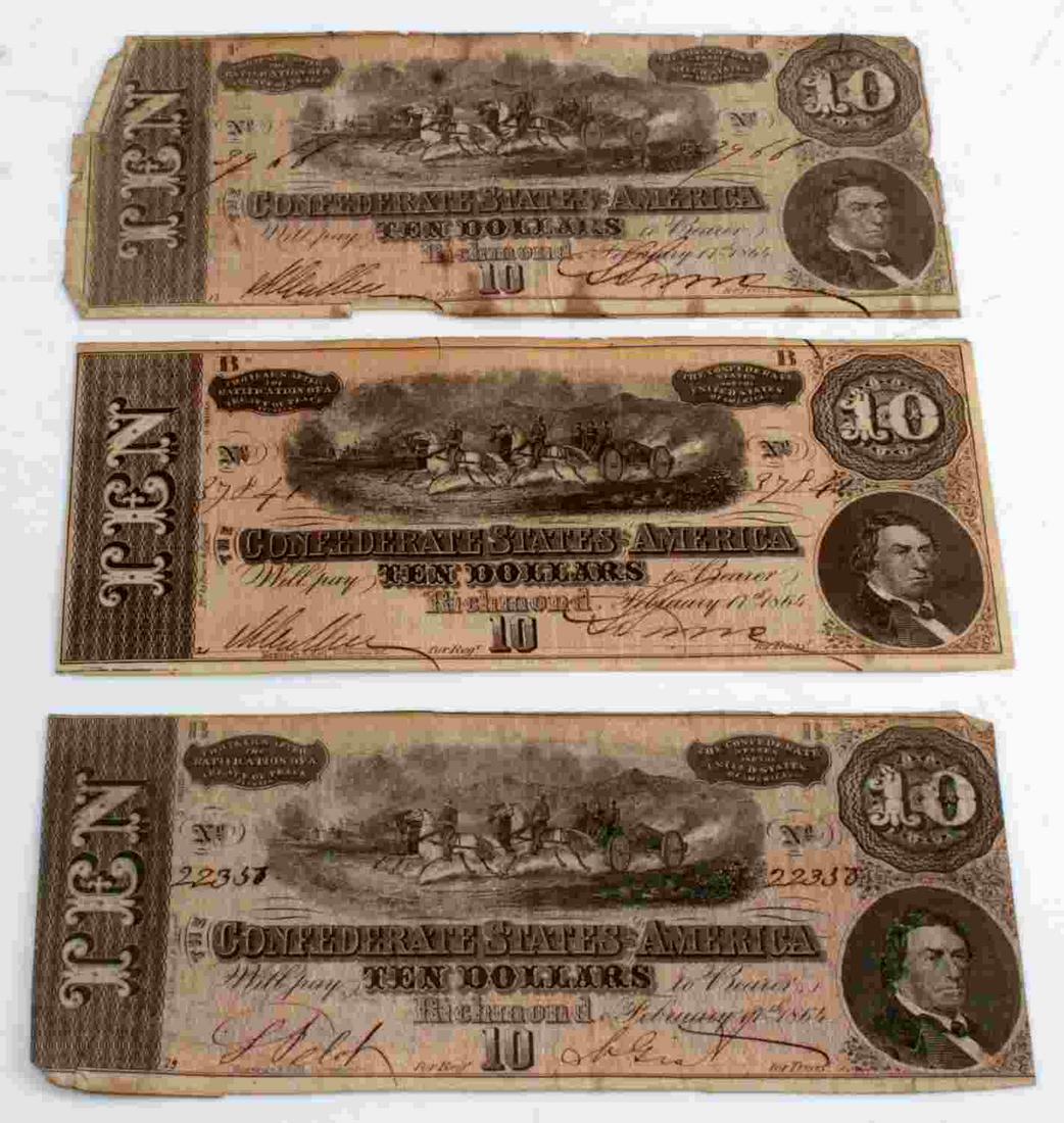 CONFEDERATE STATES BANKNOTE LOT OF 3 1864 T 68: One note is XF, one is F the last AG.