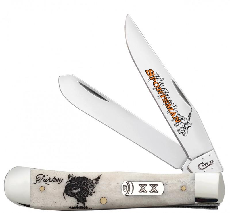 WR CASE SPORTSMAN TURKEY TRAPPER KNIFE: Case Sportsman Series Trapper knife with a natural bone handle with turkey etched into it. Includes collectors tin and protective case. This lot has a reserve.
