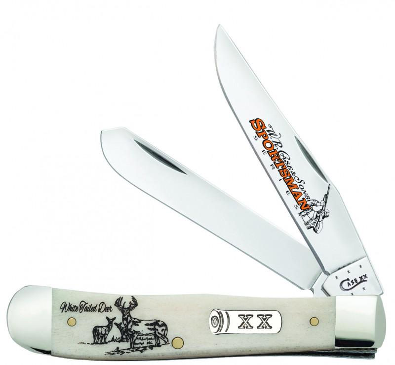 WR CASE SPORTSMAN WHITE TAIL DEER TRAPPER KNIFE: Case Sportsman Series Trapper knife with a natural bone handle with white tailed deer etched into it. Includes collectors tin and protective case. This lot has a reserve.