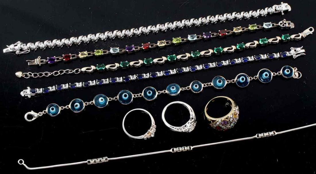 STERLING SILVER GEMSTONE BRACELET RING LOT: Total weight 70 grams. rings size 7 to 8. Bracelets 6 to 8 inches in length. All tested sterling and in wear or resale value.
