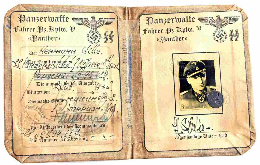 WWII GERMAN THIRD REICH PANZER AUSWEIS ID BOOK: WWII German Third Reich PanzerWaffen Ausweis ID Book. The ID Book belonged to Herman Gille. SS Runes are stamped on the front of the book. Measures 5.25 inches by 4 inches. Very good condition. Unauth