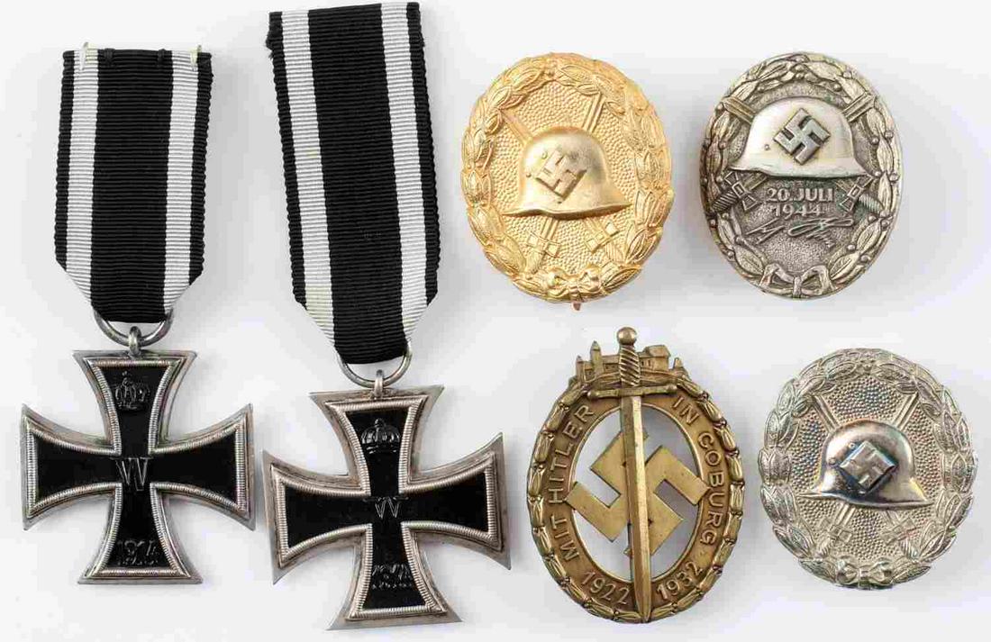 WWII GERMAN THIRD REICH WOUND BADGE LOT OF SIX: WWII German Third Reich Wound Badge Lot of Six. Lot includes one gold wound badge, two silver wound badges (one from Operation Valkyrie), one German Coburg Badge and two WWI 1914 Prussian Iron Cross. 