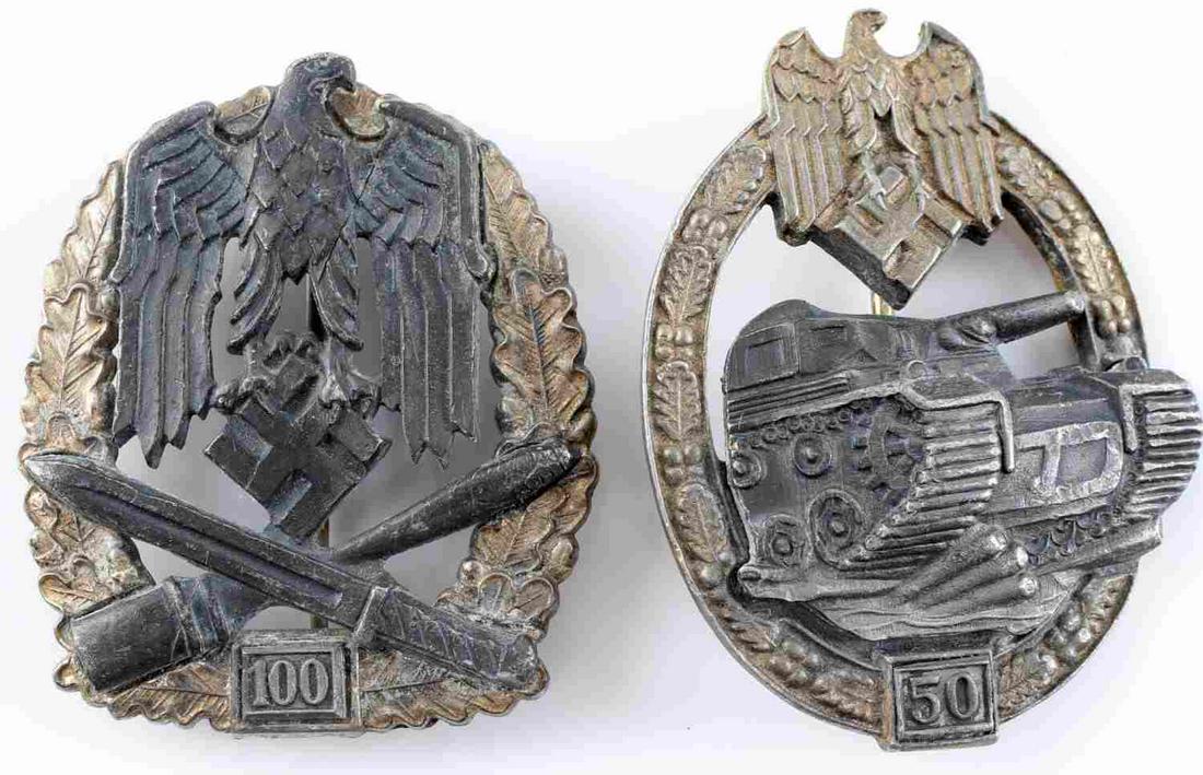 WWII GERMAN THIRD REICH ASSAULT BADGE LOT OF TWO: WWII German Third Reich General Assault and Panzer Assault Badge lot of two. The General Assault badge is for 100 assaults, the Panzer Assault badge is for 50 assaults. Both badges have a patina and s