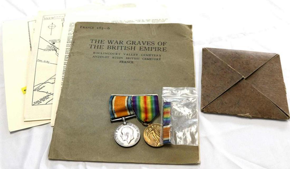 WORLD WAR I NAMED BRITISH SERVICE MEDAL LOT & MAP: Two World War I named service medals, belonged to Corporal Ian Dalgleish Gowan, member of "B Coy, 1st/9th Bn Royal Scots," killed in action in 1917. Medals approx 1.5 inches in diameter, connected by 