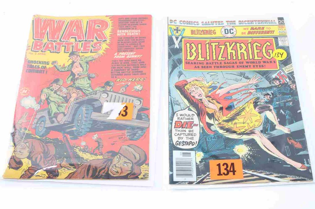 HARVEY DC COMIC BOOKS WAR BATTLES & BLITZKREIG: First comic book is "War Battles" Issue No. 2 April. Published 1952 by Harvey Comics. Korean War era. "Shocking Tales of Combat." Has some wear to the edges and spine. Second book is "Blitzkreig Seari