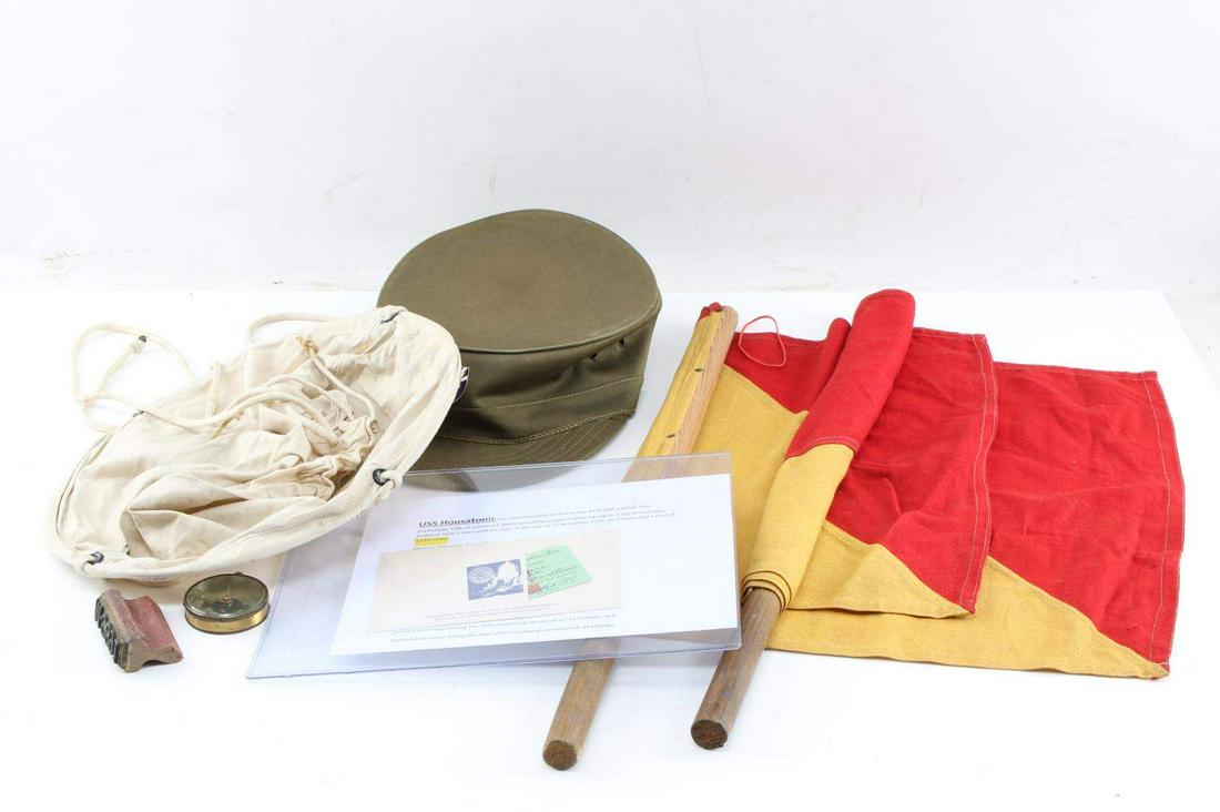 MILITARIA LOT SEMAPHORE FLAG SEA ANCHOR AMA CAP: Lot includes Armed Security Agency cap with enameled pin on front. Made by Louisville Cap Co. Size 7 1/2. Inside of cap is stamped with the name "Frederick W. Reichert." Measures 10.5 inches from back