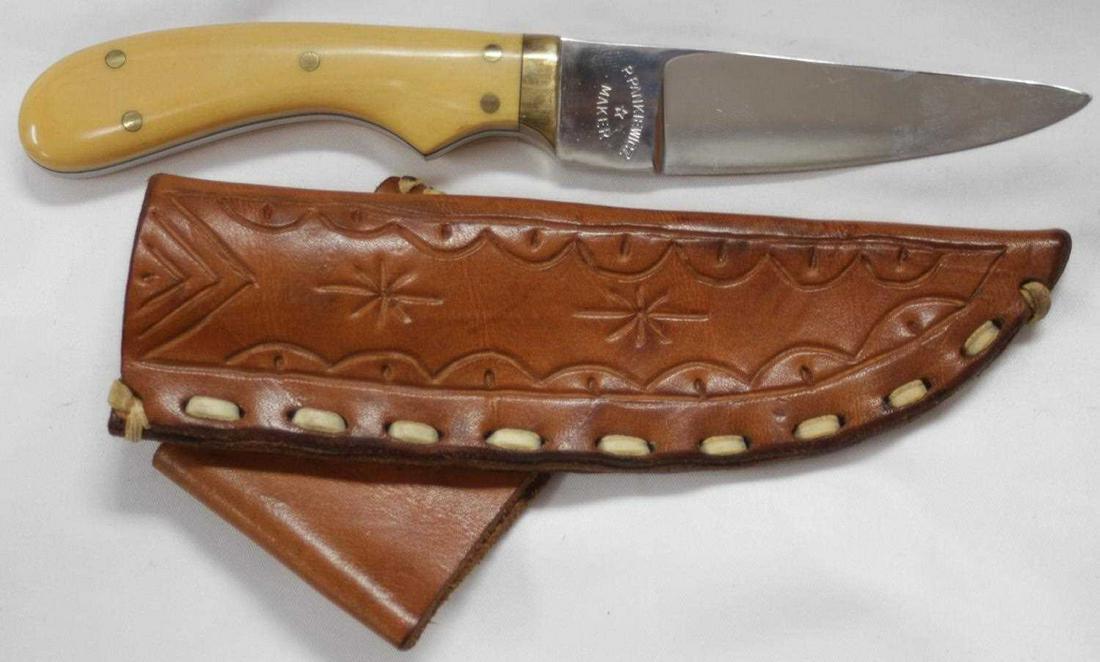 P PANKIEWICZ HUNTING KNIFE WITH LEATHER SCABBARD: P. Pankiewicz Hunting knife with leather scabbard in good condition. Stamped "P PANKIEWICZ MAKER" and "28". Measures 7.25 inches long with a 3.5 inch blade, 7.75 inches with scabbard.