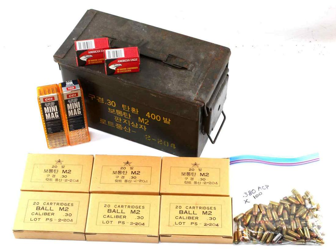 420 ROUNDS MIXED AMMO WITH CAN .22 LR .380 .30 06: Chinese military can with characters to one side and '400 cartridge, cal. 30 ball M2 cartons lot PS - 2-204' to the other side. Includes: 220 rounds of .22LR, 100 rounds of .30-06 in boxes, and 100 ro