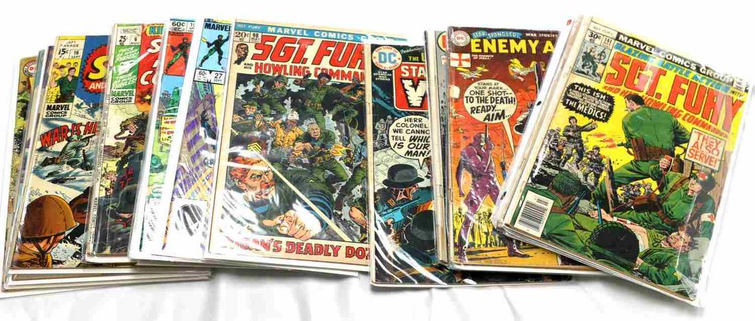 LOT OF TWENTY SILVER AGE MARVEL & DC COMIC BOOKS: Lot includes titles: Captain Savage, Sgt. Fury, G.I. Joe, Luftwaffe, Star Spangled War Stories, Enemy Ace. All in good condition.