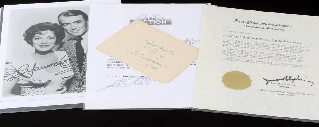 3 AUTOGRAPHS TED WILLIAMS WRIGHT BROS O HARA: One Ted Williams signature with auction place COA, one Orville and Wilbur Wright signed album page with COA, and one signed photograph of James Stewart and Maureen O'Hara, 8X10. All in good condition.
