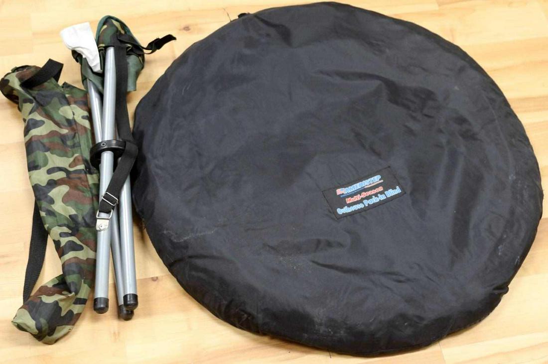 AMERISTEP OUTHOUSE PACK IN HUNTING BLIND W STOOL: 17 inch portable hunting camping stool and an Ameristep Multi season Outhouse pack in blind. Pre owned with 2 inch tear to the carry case.