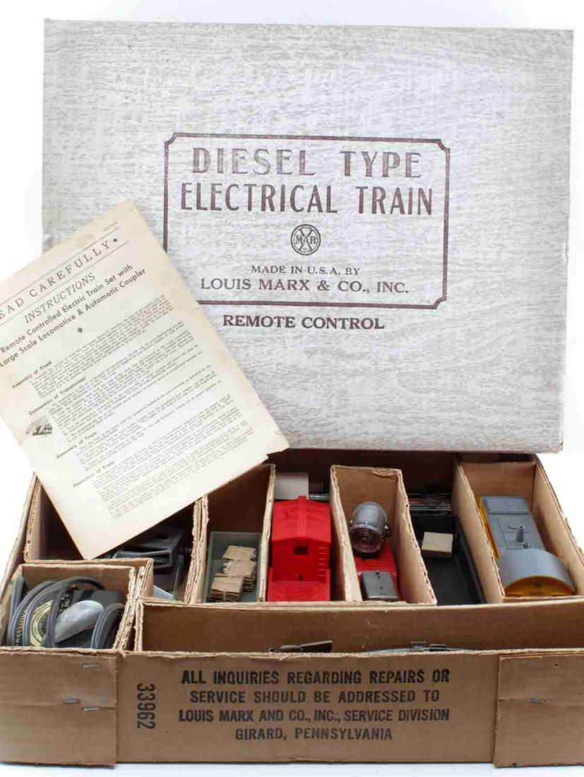MARX DIESEL TYPE ELECTRICAL TRAIN SET W TRANSFORM: Made in USA by Louis Marx & Co., Inc. Includes a 6-piece train set, track, transformer, instructions, in original box. Good vintage condition. Box measures 20.5 X 15 X 4 inches.