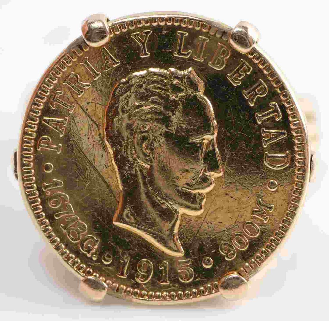 1915 GOLD UN PESO CUBA COIN MOUNTED IN 14K RING: Gold Cuba un Peso, in 14K ring mount total combined weight is 5.7 grams