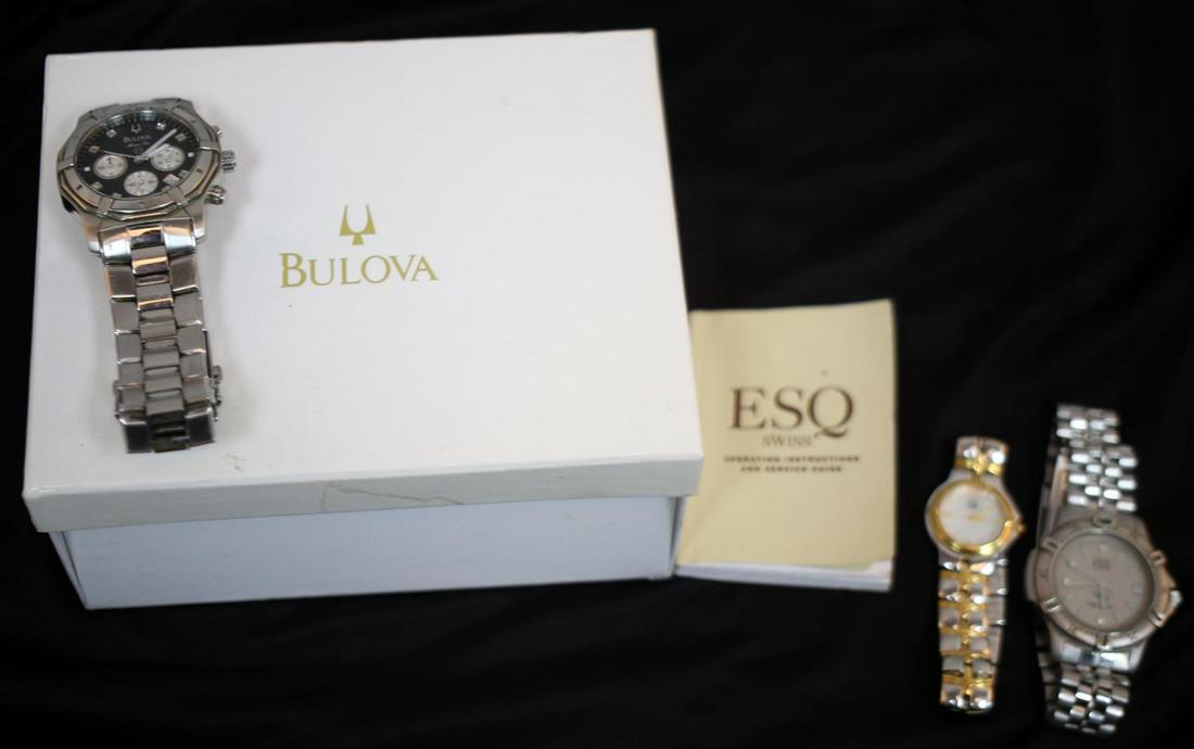 LOT OF 3 WRIST WATCHES BULOVA ESQUIRE MOVADO: Lot of 3 wrist watches, two Swiss Movado ESQ Esquire watches, and one Bulova watch. The first ESQ watch is a silver tone men's 100 meters water resistant model number: 300370 in good condition with a