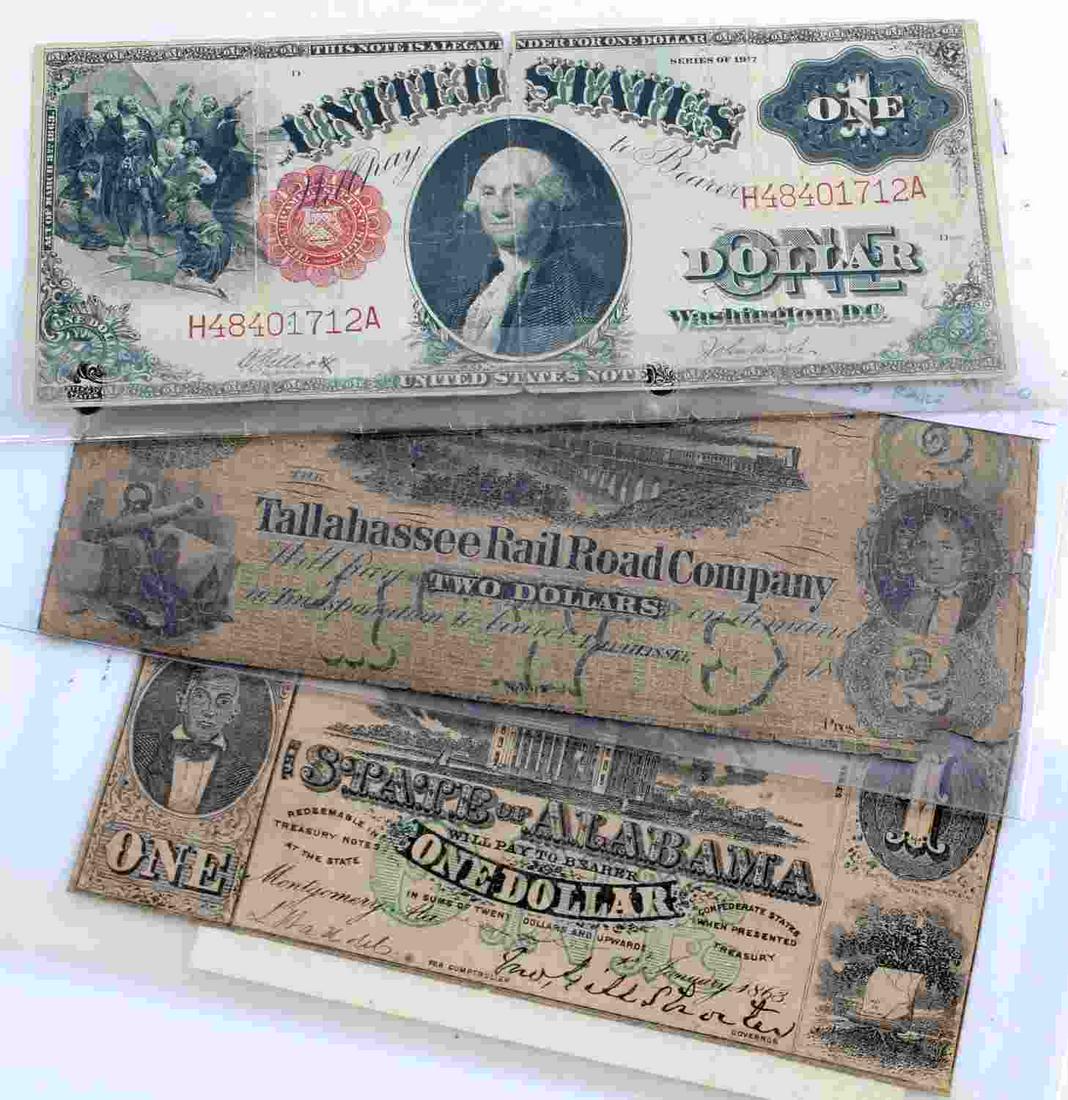 LOT OF 3 ANTIQUE CURRENCY NOTES CONFEDERATE US: 3 antique currency notes. 1 1865 Tallahassee Railroad Company 2 dollar note, plain back. 1 1863 Confederate Alabama 1 dollar note, plain back (missing y in twenty). 1 United States 1917 series 1 dolla