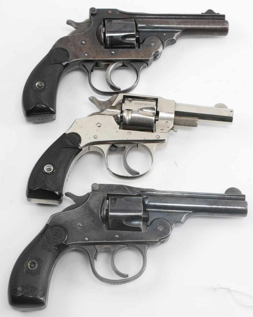 3 ANTIQUE REVOLVERS HOPKINS SPAIN IVER JOHNSON .32: All in .32 caliber. The first is a Hopkins & Allen XL DA 5 shot revolver with nickel finish and serial no. to inner tang. The second is a Spanish DA top break 5 shot revolver with serial no. to butt. 