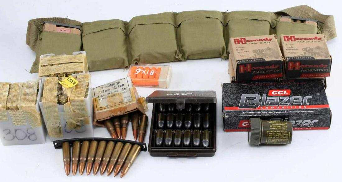 AMMO LOT VARIOUS CALIBER STRIPPER CLIPS BANDOLIER: Lot of miscellaneous cartridges: 8 count of 9 x18 mm rubber bullets, 100 count of 9 x18mm cartridges manufactured by Hornady, 18 count of 9mm P38 cartridges in hard plastic case, 1 cloth bandolier bel