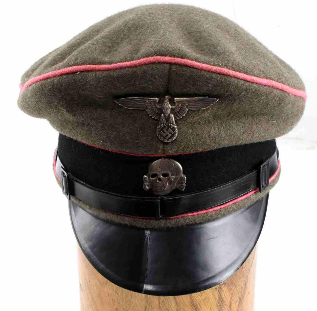 WWII GERMAN THIRD REICH WAFFEN SS VISOR CAP: WWII German Third Reich Waffen SS Visor Cap. Panzer division crusher style. Doesn't fluoresce. Hand stitched and re stitched. Visor has crack. No mothing. Unauthenticated. Sold as is.