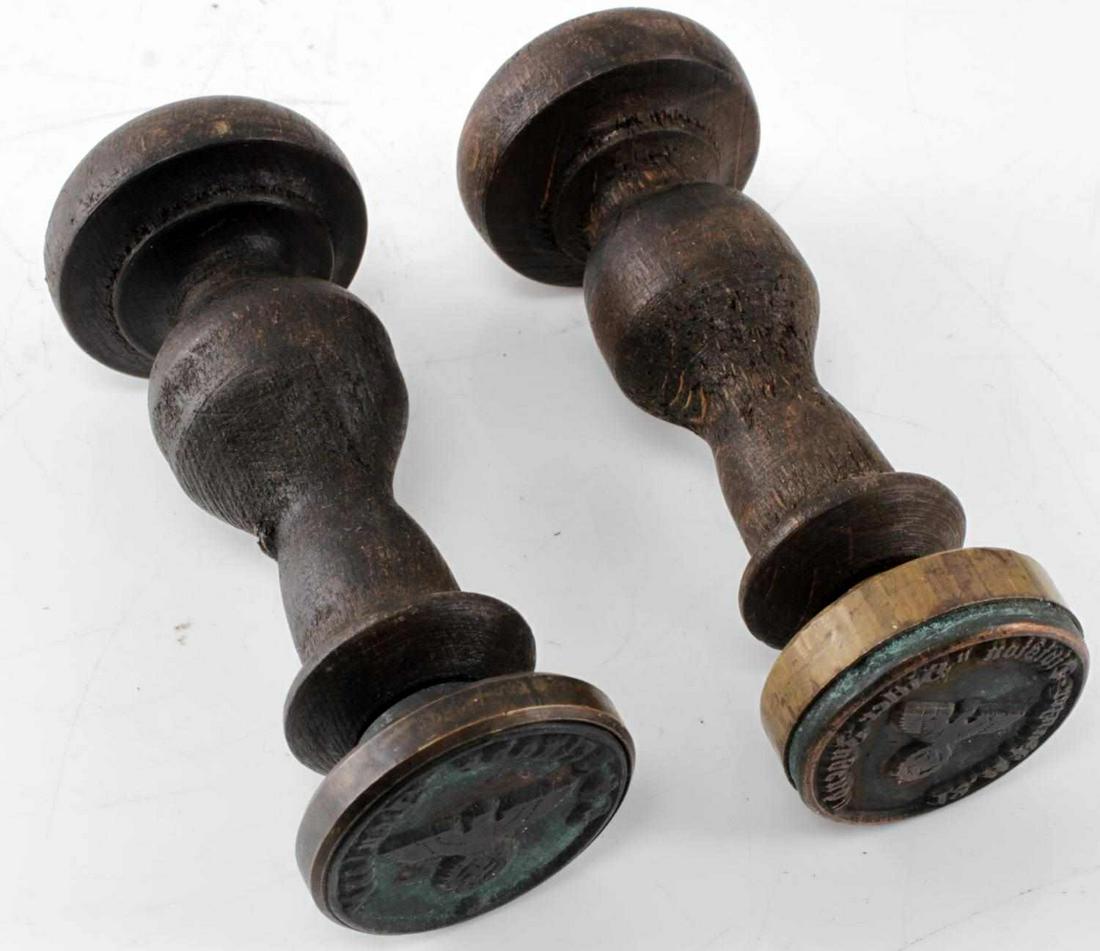 WWII THIRD REICH GERMAN SS WOODEN INK STAMPS: Lot of 2 wooden-handled Reichsadler and Swastika Ink stamps with copper plates measuring 1.5 inches in diameter. One stamp is "Panzer division" and the second stamp has lettering which has been worn d