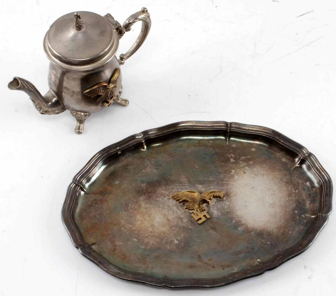 WWII THIRD REICH GERMAN LUFTWAFFE TRAY & KETTLE: Lot of 2 serving pieces from what would have been a Luftwaffe officer's canteen: One small metal serving tray measuring 10 inches by 7 inches with a Reichsadler and Swastika symbol. One individual tea