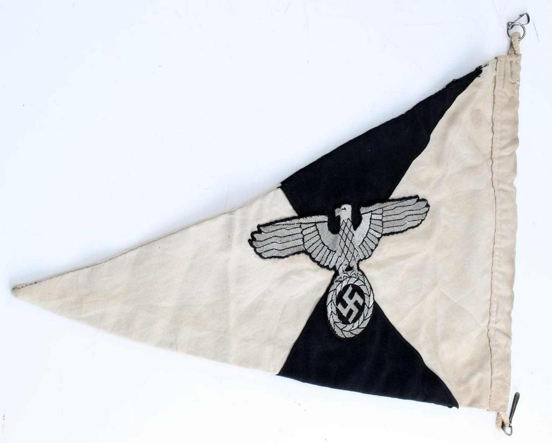 WWII GERMAN THIRD REICH WAFFEN SS PENNANT FLAG: WWII German Third Reich Waffen SS Heinrich Himmler Pennant Flag. Multi-piece construction, the Reichsadler is shown on both sides of the pennant. Two pins and rope to hang the pennant. Does not fluore