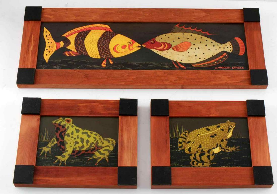 LOT 3 WARREN KIMBLE FRAMED ANIMAL PRINTS: Lot of 3 prints, two depicting a singular frog, one depicting 2 fish facing each other, all have "copyright Warren Kimble" at base of print. All prints are in wooden frames that have a black wooden sq