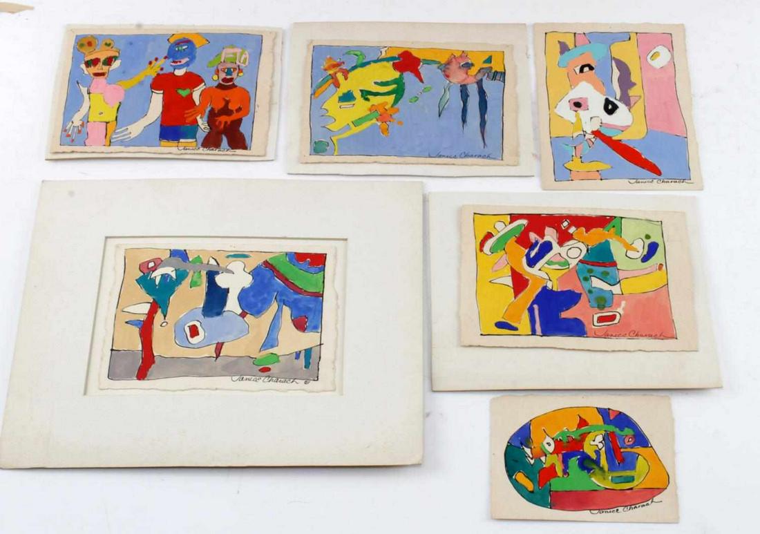 JANICE CHARACH ORIGINAL MODERN ART GOUACHE: Original modern art works by the late Janice Charach, Jewish artist and inspiration behind Charach Gallery in Bloomfield, Michigan outside of Detroit. Gouache on paper ranging in size from 4x5 inches 