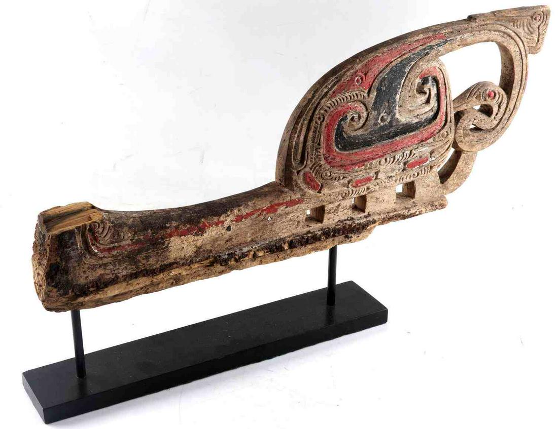 ANTIQUE PACIFIC NORTHWEST WOOD CARVING CRANE: Abstract painted wood carving on stand. Depicts crane or serpent, or like creature. A piece broken off end. Measures 24 X 9 inches without stand. Good condition. This lot has a reserve.