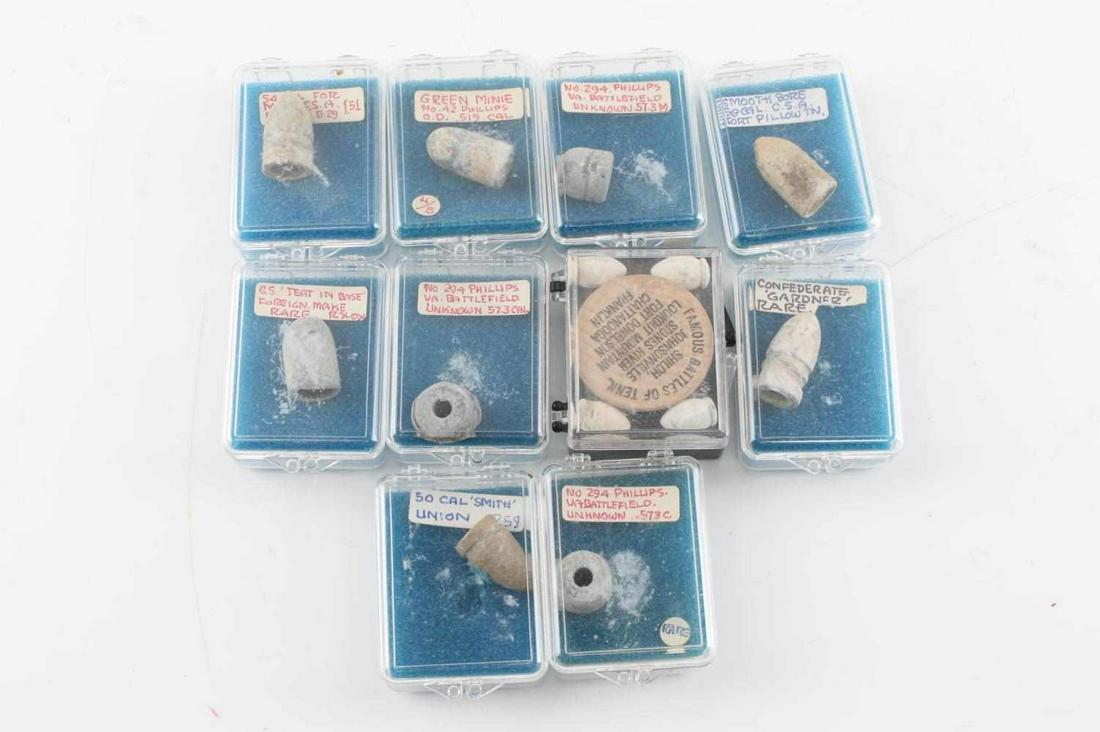 LOT OF THIRTEEN GROUND FIND CIVIL WAR BULLETS: Mixed lot of Confederate and Union Civil War ground find bullets.