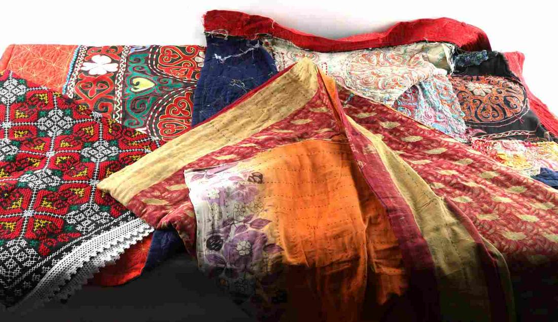 LOT INDIAN & ETHNIC TAPESTRIES MULTI COLORED: Lot of 3 cotton tapestries, 2 of which are Indian and one of which is modern global ethnic, of various sizes. One lightweight cotton black, white, green and yellow modern tapestry measuring 40 inches 