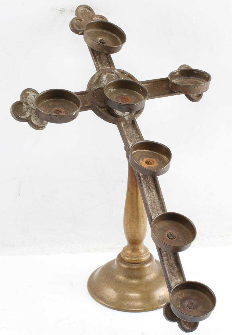 ANTIQUE BRASS BUDDED CROSS CANDELABRA ALTAR PIECE: 1 Antique brass budded cross candelabra. For use in Catholic or Orthodox altars. In ok condition with some denting and oxidation present. Measures 13.5 inches tall, 12 inches long, 10.5 inches wide. T