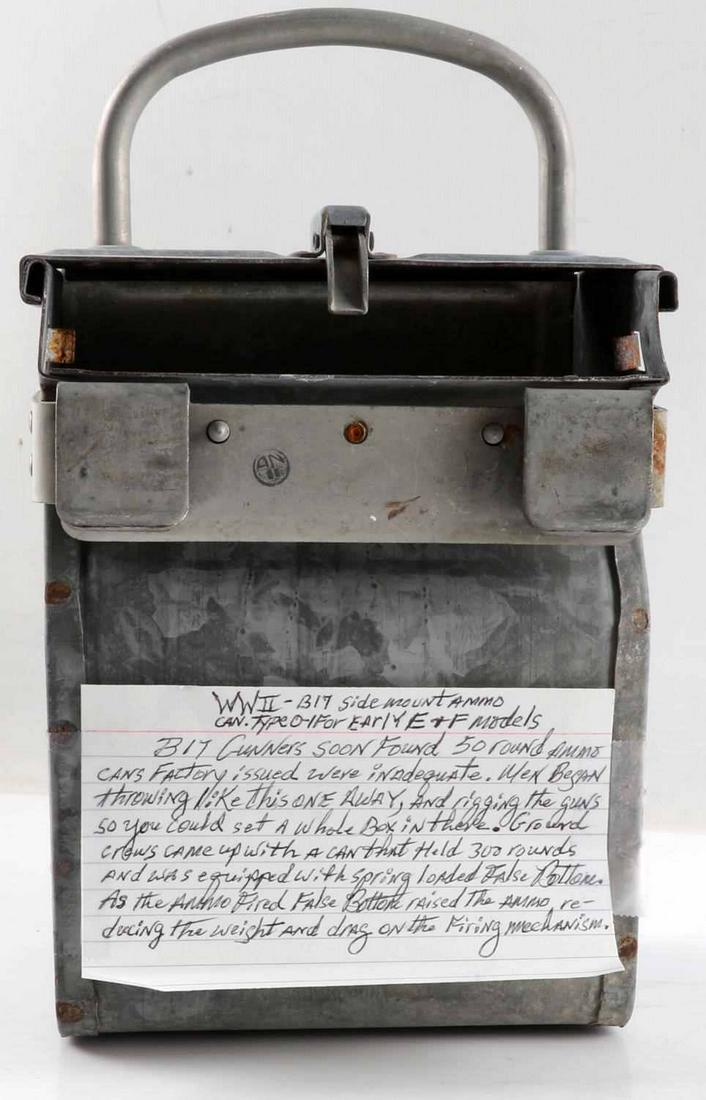 WWII B17 SIDE MOUNT AMMO TYPE 0-1 EARLY E&F MODELS: One WWII B-17 side mount ammunition can, as used by B17 flight crew members. These are the Type 0-1, 30 round .50 Cal. Machine Gun for B-17 and Similar aircraft made out of galvanized steel, with carr
