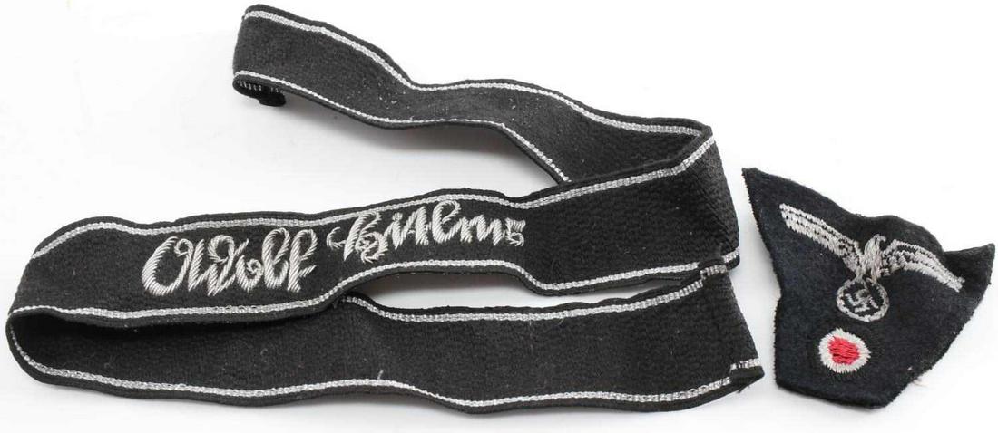 WWII GERMAN THIRD REICH SS CUFF & BADGE SS HITLER: Liebstandarte SS Adolf Hitler brigade Bevo woven cuff title with sutterlein script. First SS Panzer division. Paired with M43 pattern trapezoid eagle patch. Band is 18 inches. Patch is 2.5 inches. Una