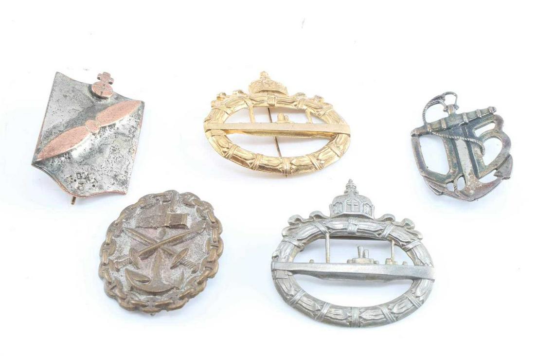 WWI PRUSSIAN IMPERIAL GERMANY NAVAL BADGE LOT OF 5: WWI Prussian Imperial Germany Naval Badge Lot of 5. Lot includes two U Boat badges. The lot is in very good condition. Unauthenticated; sold as is.