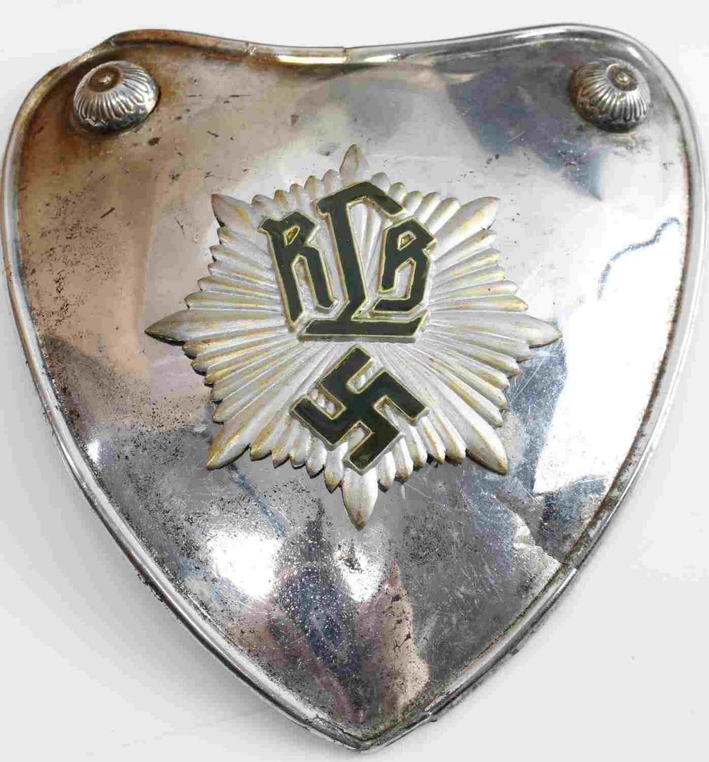 WWII GERMAN THIRD REICH RLB STANDARD ISSUE GORGET: WWII German Third Reich Reichsluftschutzbund standard issue gorget. Comes without chain. 5x4.75 inches. Small crack on one side. Some patina. One Gorget hook on back is broken. Unauthenticated. Sold a