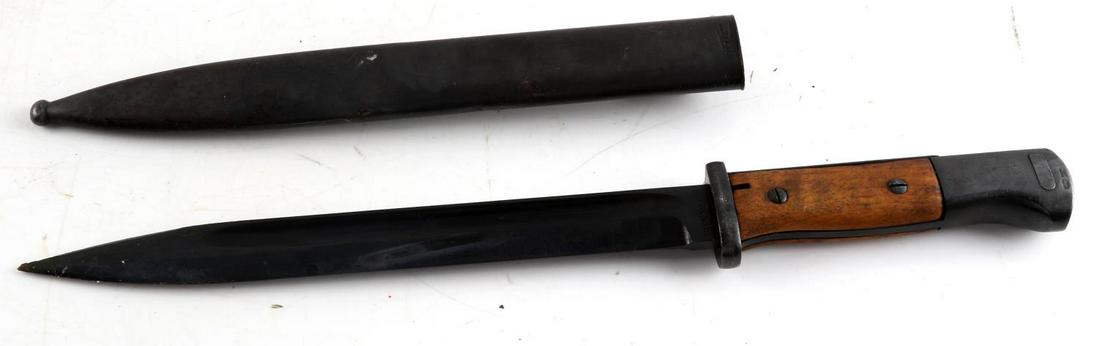 WWII GERMAN THIRD REICH SS K98 BAYONET & SCABBARD: WWII German K98 Bayonet with scabbard. In good condition with some surface wear and oxidation present. Measures 15 inches long with a 10 inch blade, 16 inches long in scabbard. Serial numbers do not m