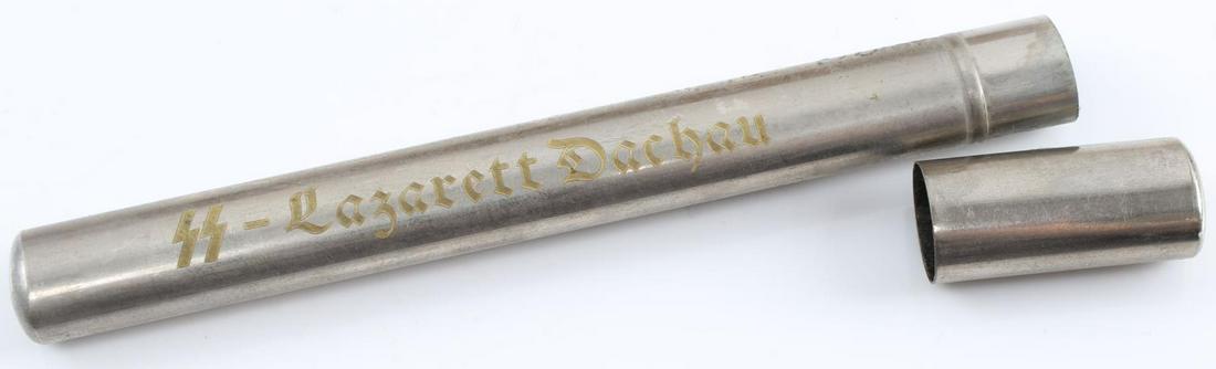 WWII GERMAN THIRD REICH DACHAU THERMOMETER CASE: Case for thermometer from the concentration camp "Dachau" SS Lazarett. Unauthenticated, sold as is. This lot has a reserve.
