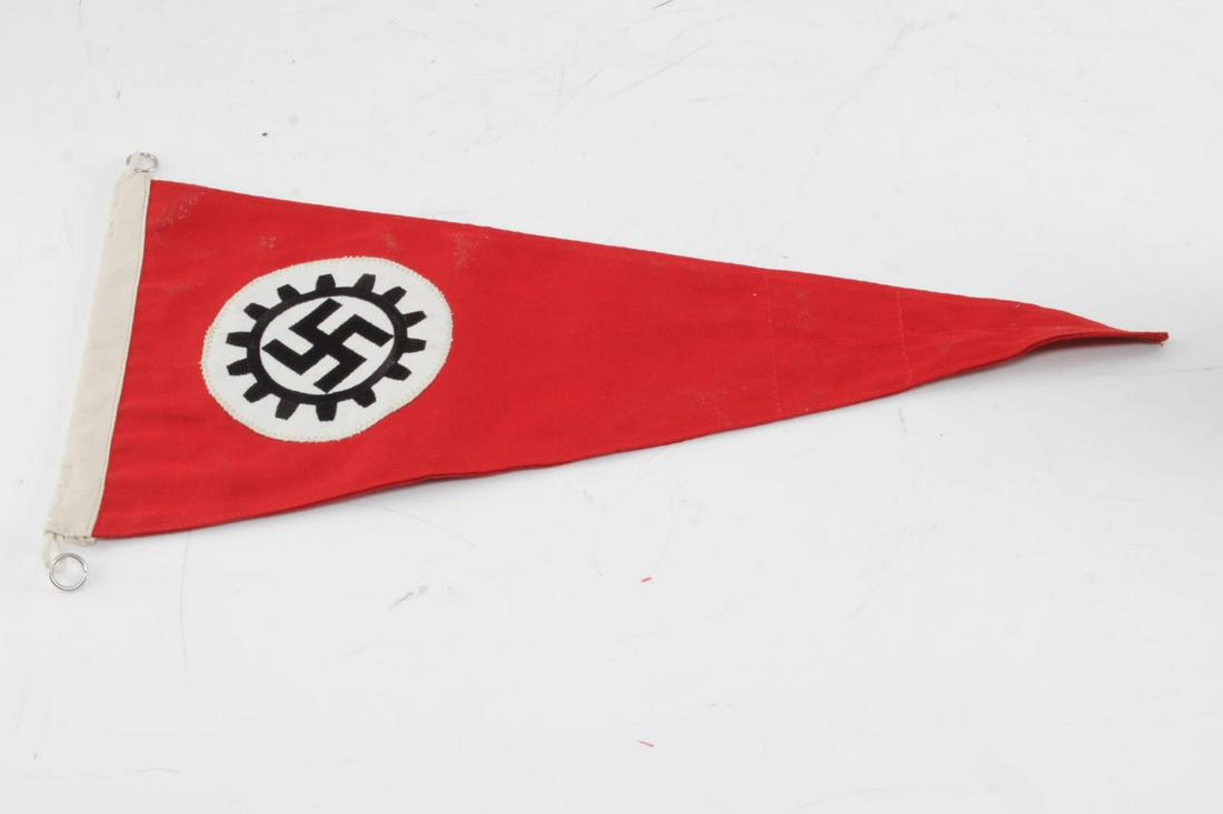 WWII GERMAN THIRD REICH 1938 RAD LABOR PENNANT: WWII German Third Reich 1938 RAD Labor Pennant. The pennant measures 8 inches tall by 18.5 inches long. Double sided and stamped "Berlin 1938 RZM". Very good condition. Unauthenticated; sold as is. Th