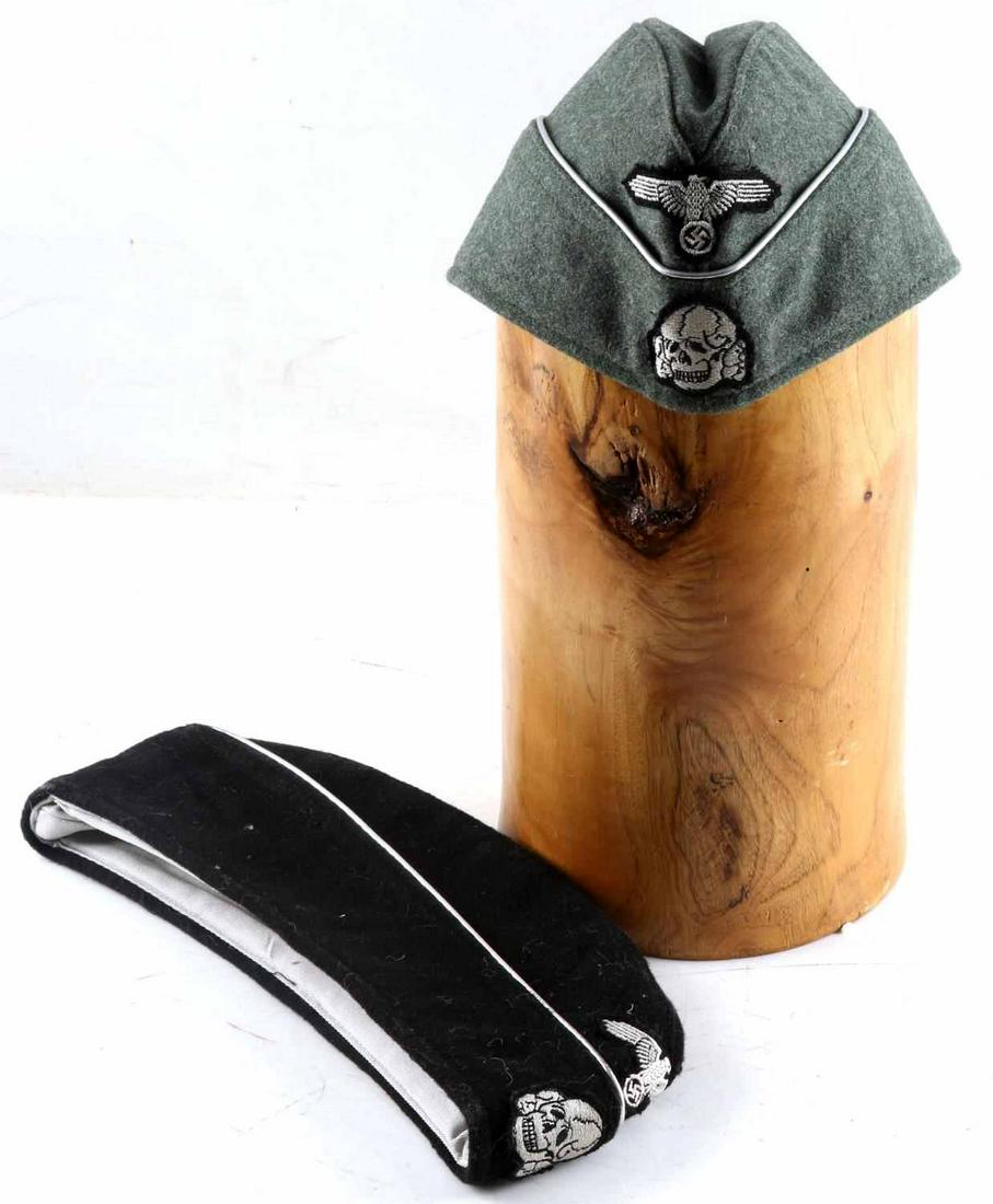 WWII GERMAN THIRD REICH WAFFEN SS OVERSEAS CAP: WWII German Third Reich M40 Waffen SS Officer and Panzer Officer's overseas cap lot 2. Both have eagle and totenkampf. Fluoresces. Unauthenticated. Sold as is.