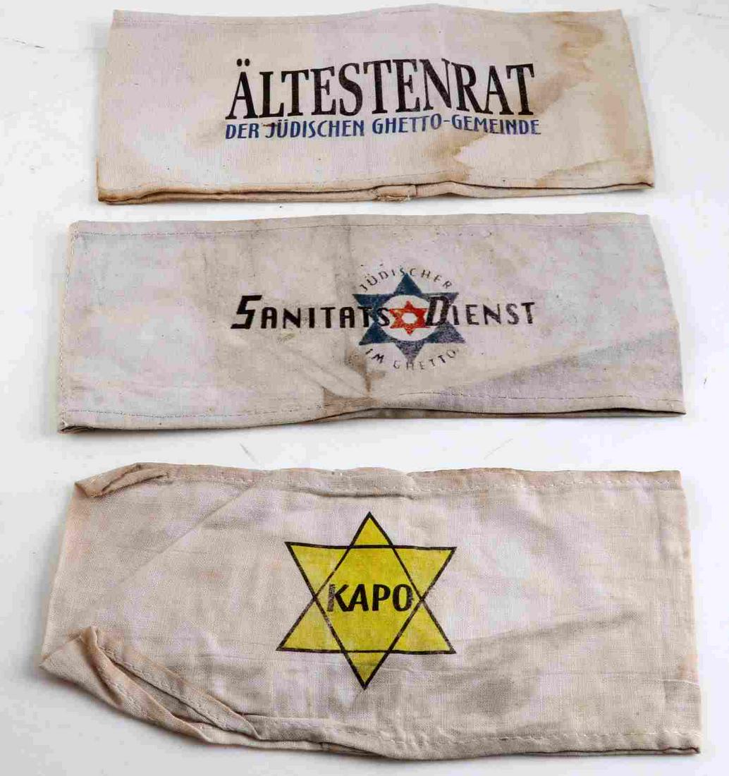 WWII GERMAN THIRD REICH HOLOCAUST PERIOD ARM BANDS: WWII German Third Reich Holocaust period arm bands . Jewish doctor in the ghetto and member of the council of Jewish elder (Bundenstag), Kapo. Unauthenticated. Sold as is.