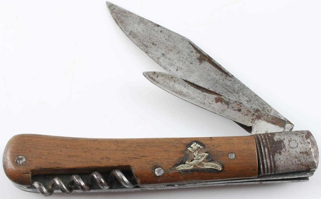 WWII GERMAN THIRD REICH LUFTWAFFE POCKET KNIFE: WWII German Third Reich Luftwaffe Pilot's Pocket Knife. "Solingen" on the blade. Contains corkscrew, one large and one small blade. Some patina. Large blade measures. 3.25 inches. Hilt measures 4.25 i
