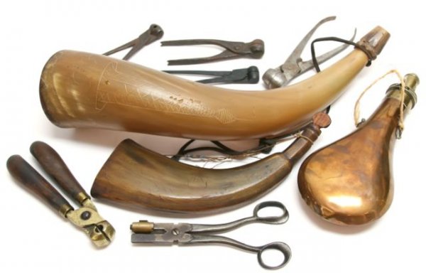 POWDER FLASK POWDER HORNS BULLET MOULDS