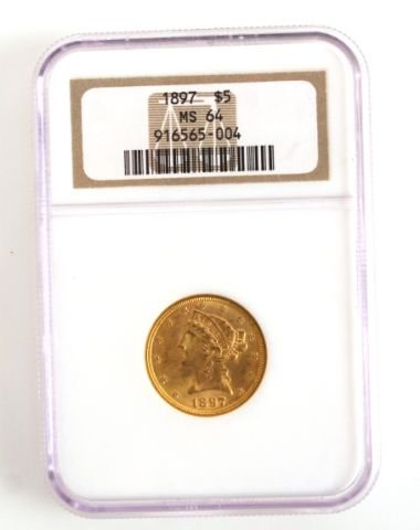$5 LIBERTY GOLD COIN 1897 NGC MS64